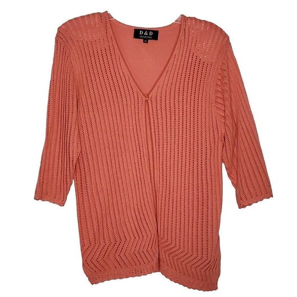 Open Knit Crochet Cardigan Sweater S One Button Front 3/4 Sleeves Coral Orange - Picture 1 of 5